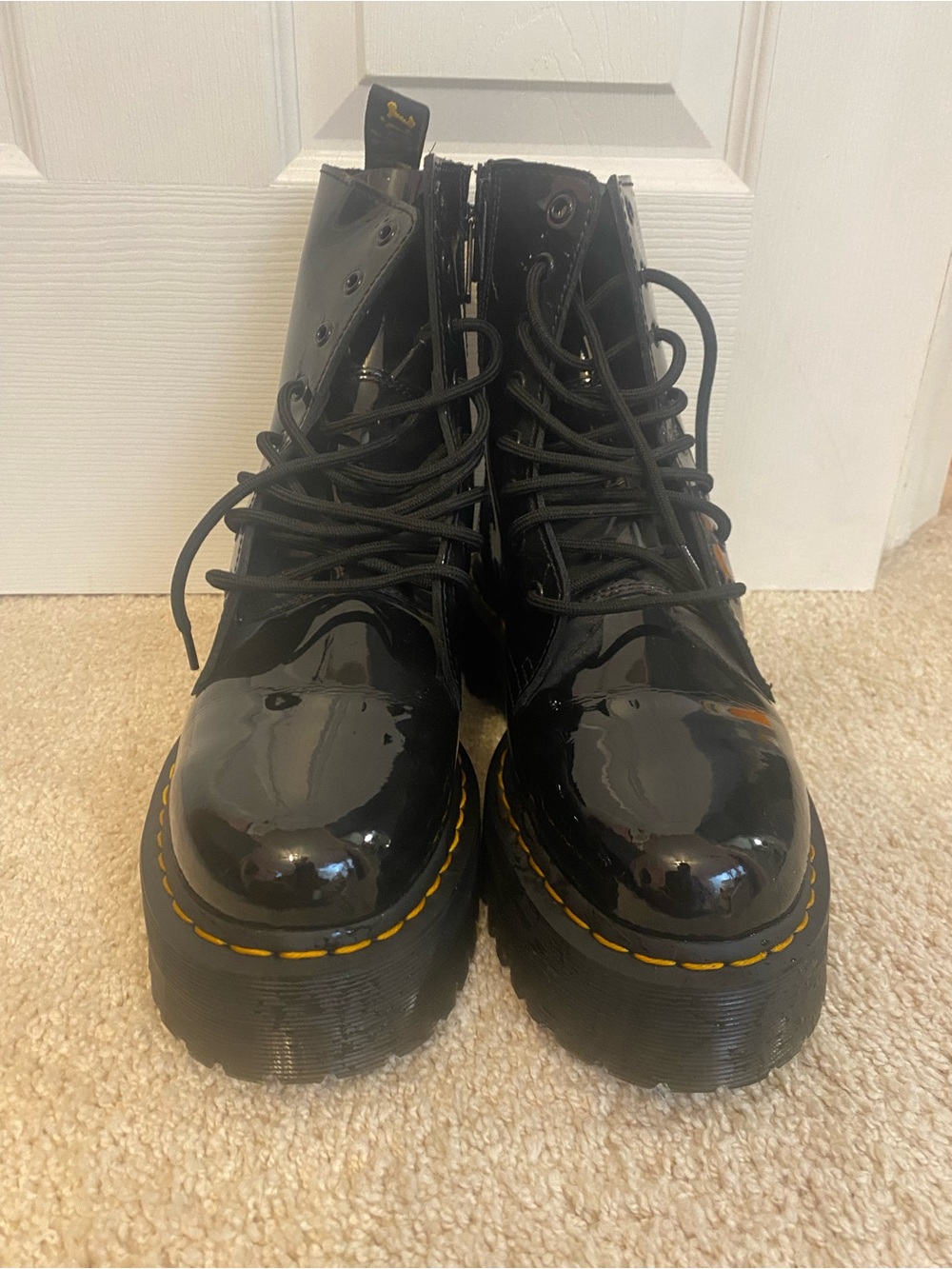 Dr. Martens Black Patent Leather Lace-Up Boots with Yellow Stitching